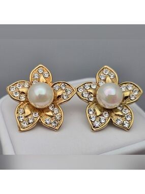 Gold Faux Pearl Diamond Flower Earrings Vintage Park Lane